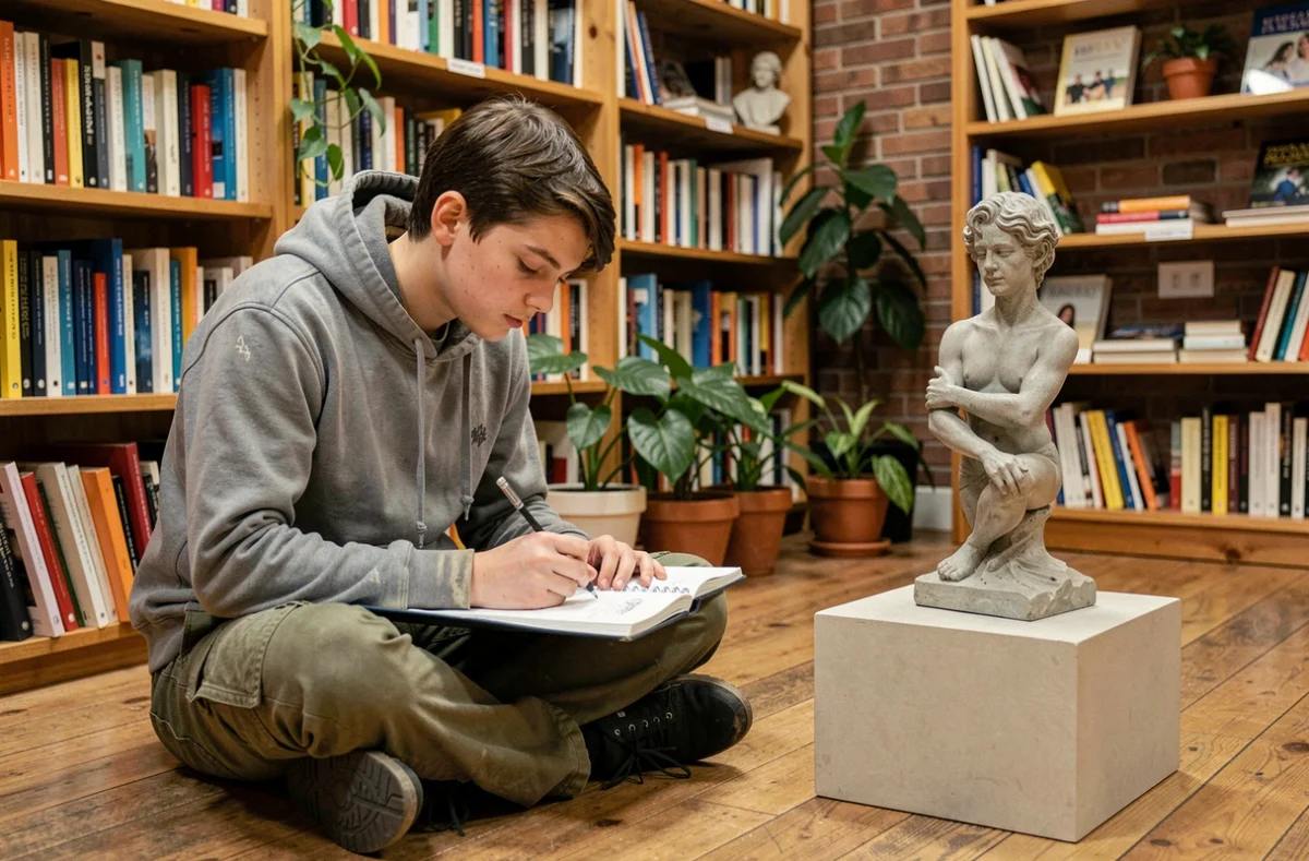 Adolescent dessinant une sculpture dans une librairie indépendante, représentant l'inspiration artistique chez les jeunes