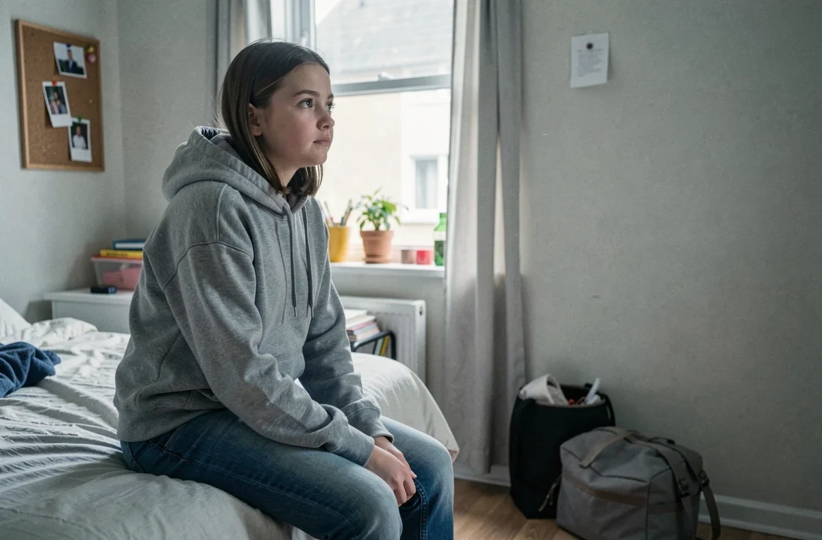 Adolescente pensive assise dans sa chambre reflétant les défis émotionnels liés à la vie dans une famille recomposée