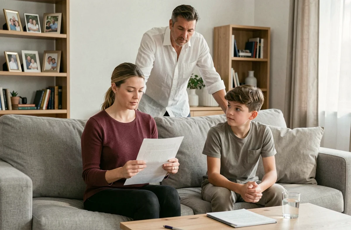 Famille recomposée discutant de l'adoption simple dans un salon avec documents juridiques et atmosphère familiale apaisante