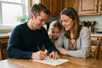 Famille recomposée signant des documents d'adoption simple autour d'une table en bois dans une cuisine chaleureuse