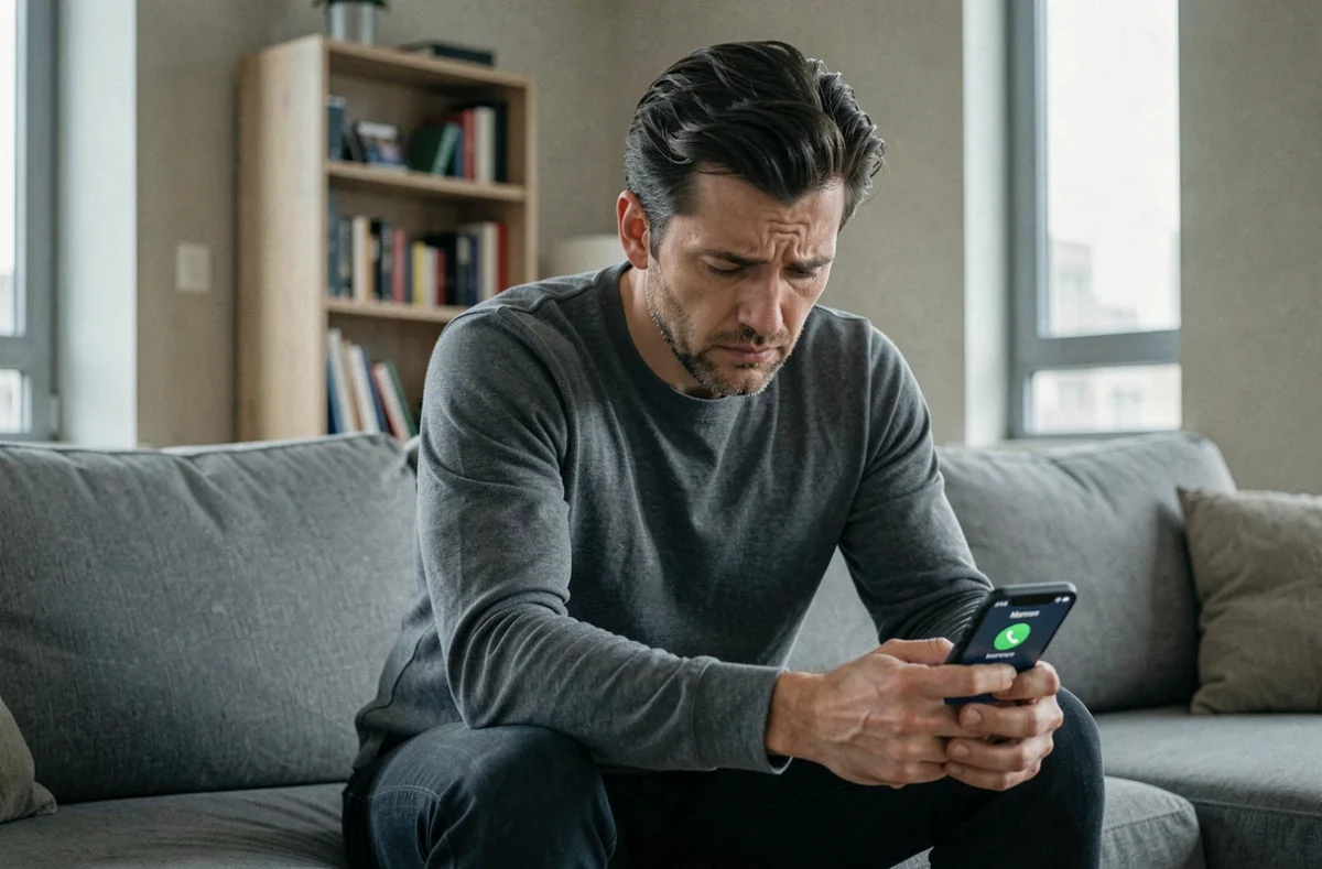 Homme adulte hésitant à répondre à l'appel de sa mère, illustrant la distance émotionnelle avec un parent toxique