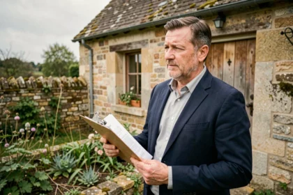 Agent immobilier devant une maison ancienne en pierre sans obligation de DPE