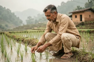Agriculteur indien inspecte des plants de riz dans une rizière en terrasses, illustration de l'agriculture vivrière à petite échelle