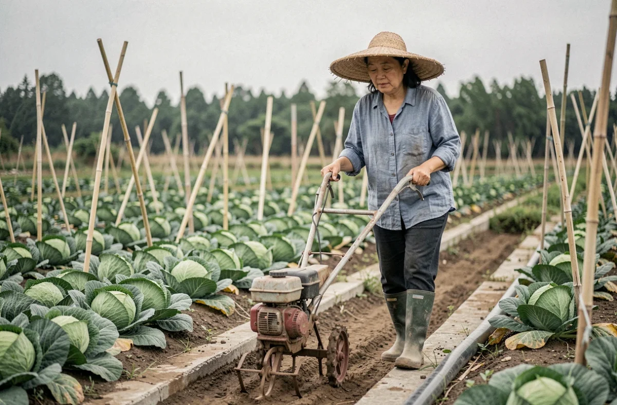 Femme agricultrice chinoise utilisant un motoculteur manuel dans un champ de légumes, représentant l'agriculture familiale à petite échelle en Asie