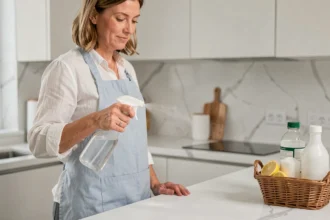 Femme utilisant une solution nettoyante naturelle maison en spray sur un plan de travail de cuisine, entourée de produits alternatifs au Sanytol comme le vinaigre blanc et le bicarbonate