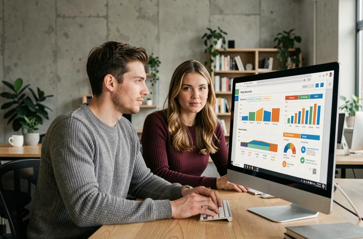 Deux jeunes professionnels analysant des données salariales par secteur sur un écran dans un espace de coworking