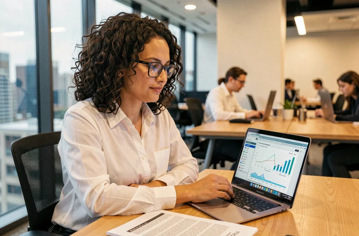 Femme analyste technologique comparant les performances des ordinateurs les plus puissants de 2026 dans un bureau moderne