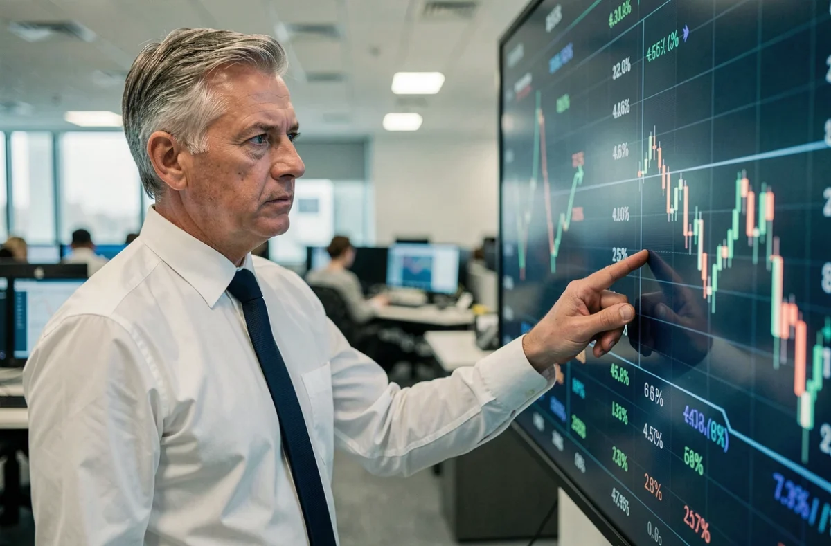 Analyste financier montrant une courbe de baisse des taux d'intérêt de la BCE sur un écran de données en temps réel