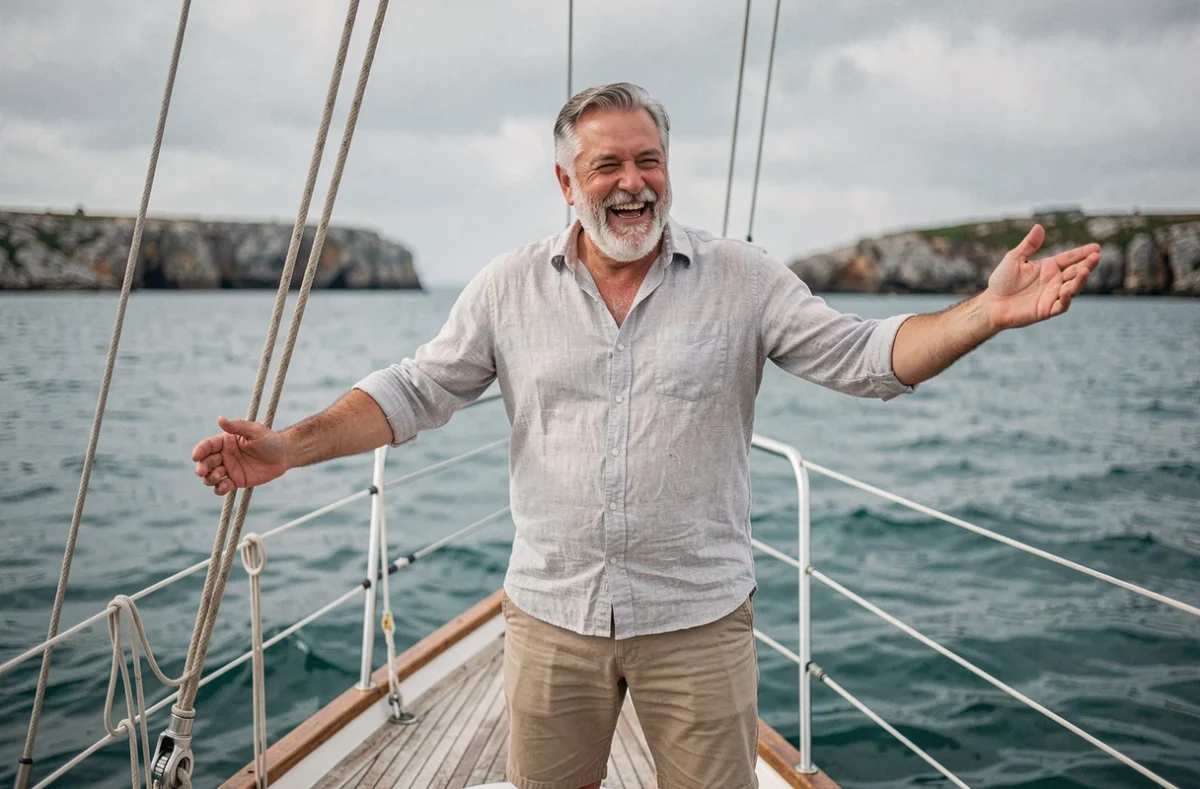 Homme de 60 ans célébrant son anniversaire sur un voilier en mer, fête originale en plein air aventureuse et mémorable