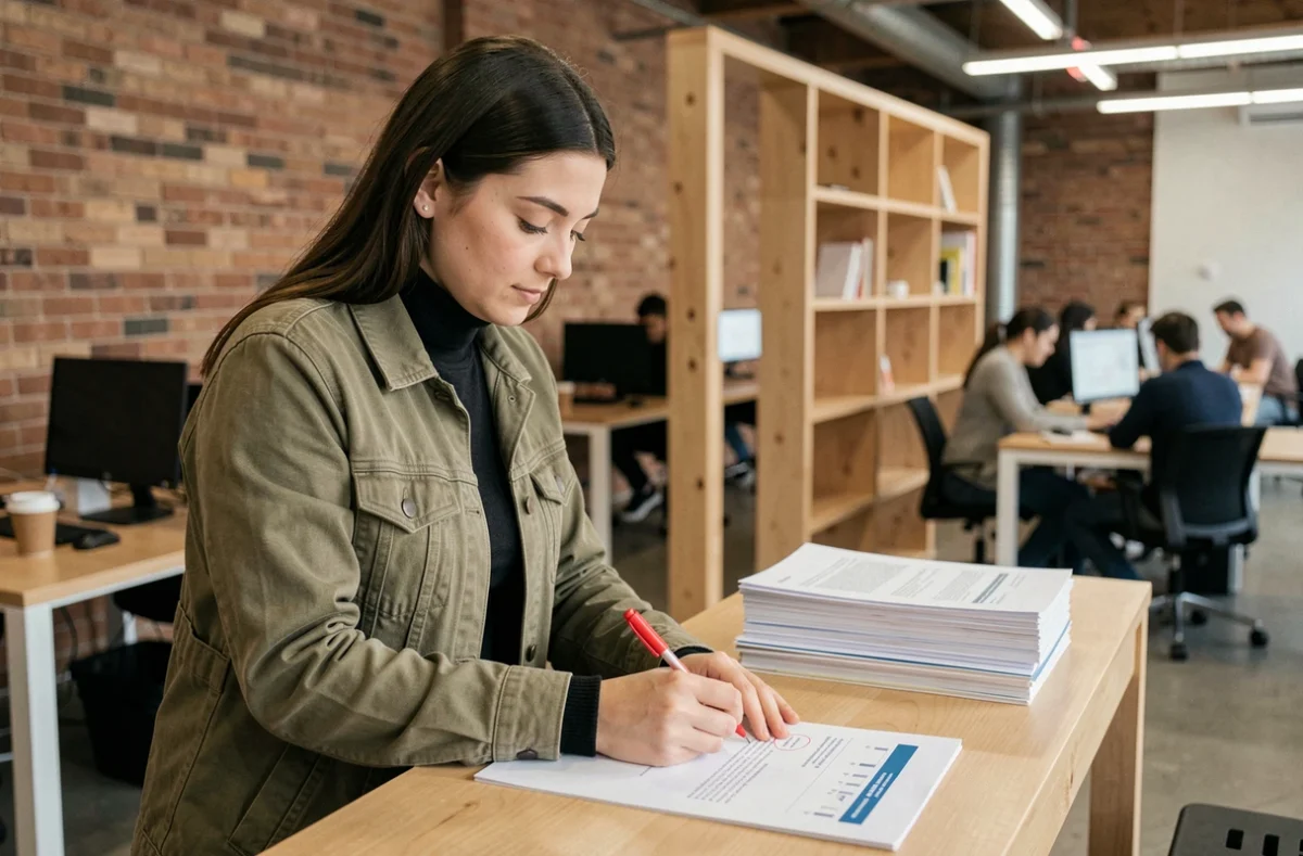 Jeune femme annotant un rapport de doléance dans un espace de coworking moderne