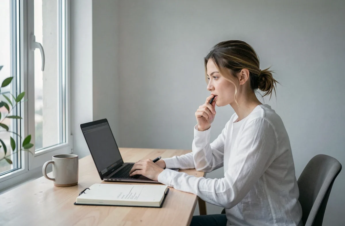 Jeune femme qui apprend seule en ligne devant un ordinateur portable avec un carnet de notes