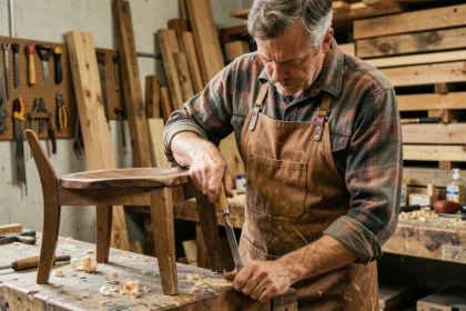 Artisan ébéniste travaillant le bois à la main dans un atelier artisanal traditionnel