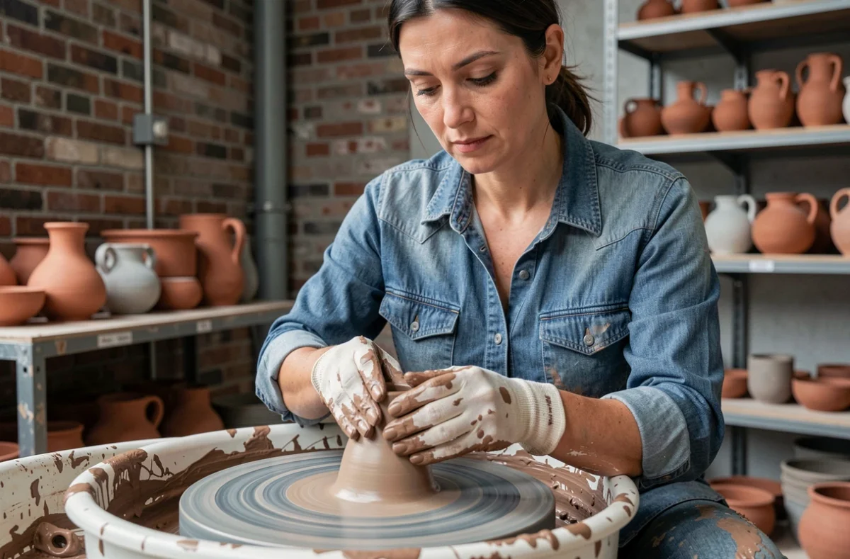 Artisane céramiste façonnant une poterie sur un tour dans un studio urbain moderne