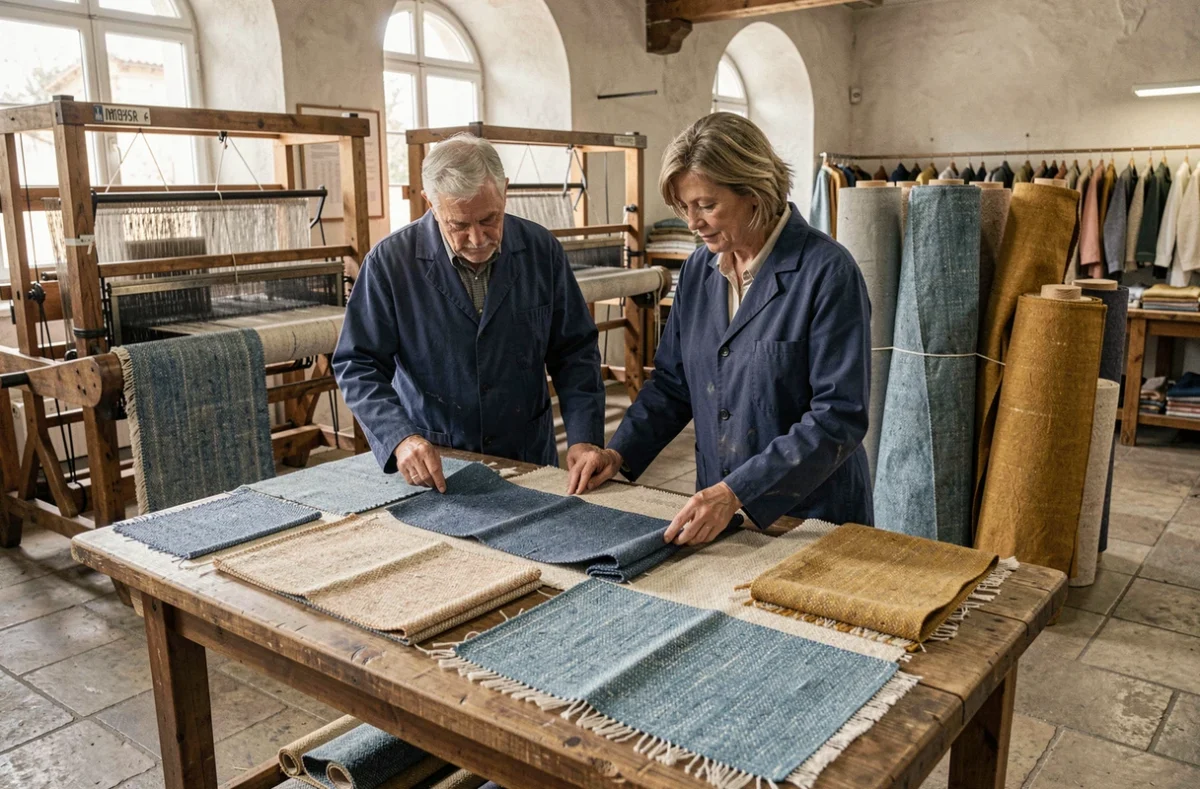 Deux artisans textiles examinant des échantillons de tissu tissé à la main dans un atelier traditionnel français
