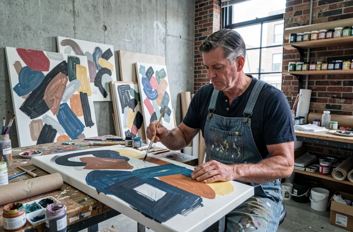 Artiste masculin dans son atelier urbain, peignant une toile abstraite, symbole de l'expression créative comme reflet de l'identité
