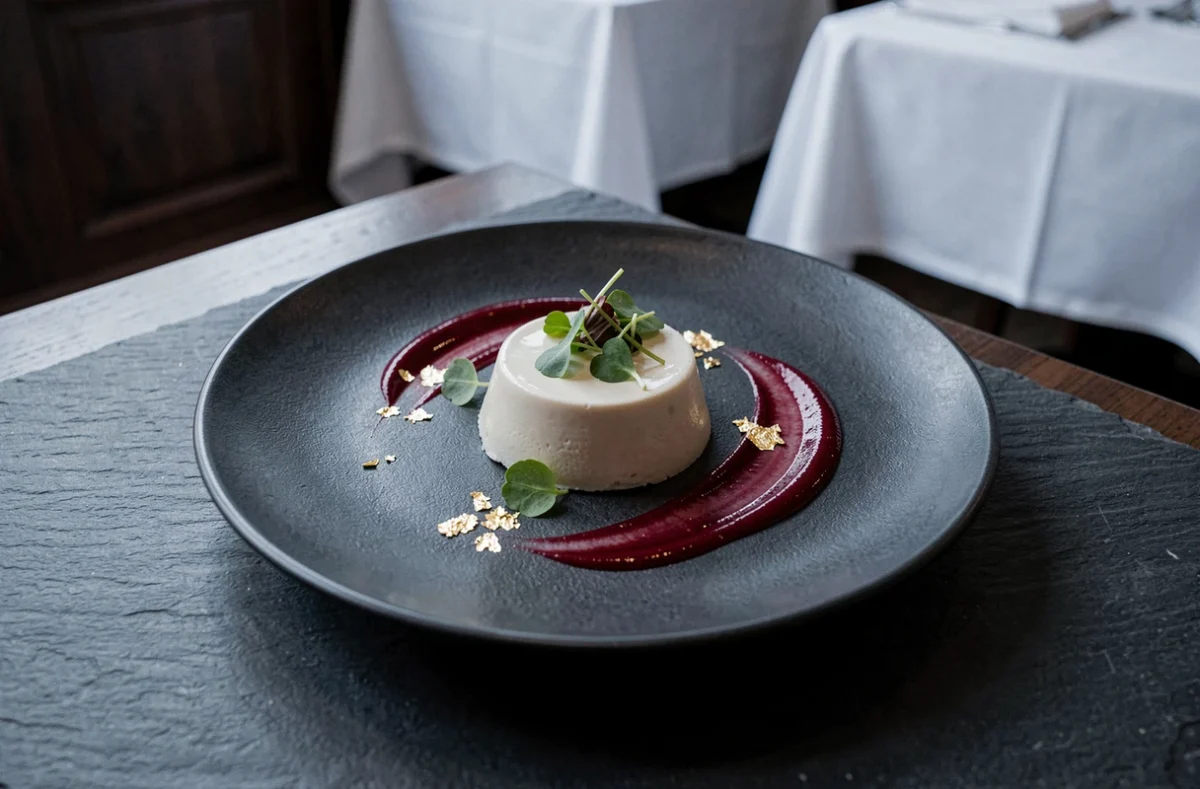 Assiette gastronomique haute cuisine vue de dessus avec réduction, mousse et feuille d'or sur ardoise