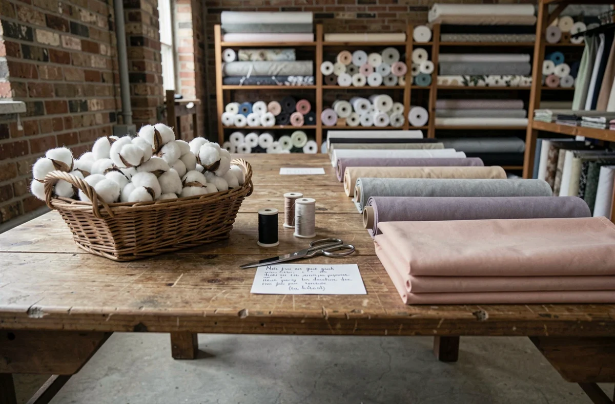 Atelier textile avec des balles de coton brut et des rouleaux de viscose posés sur une table de travail en bois