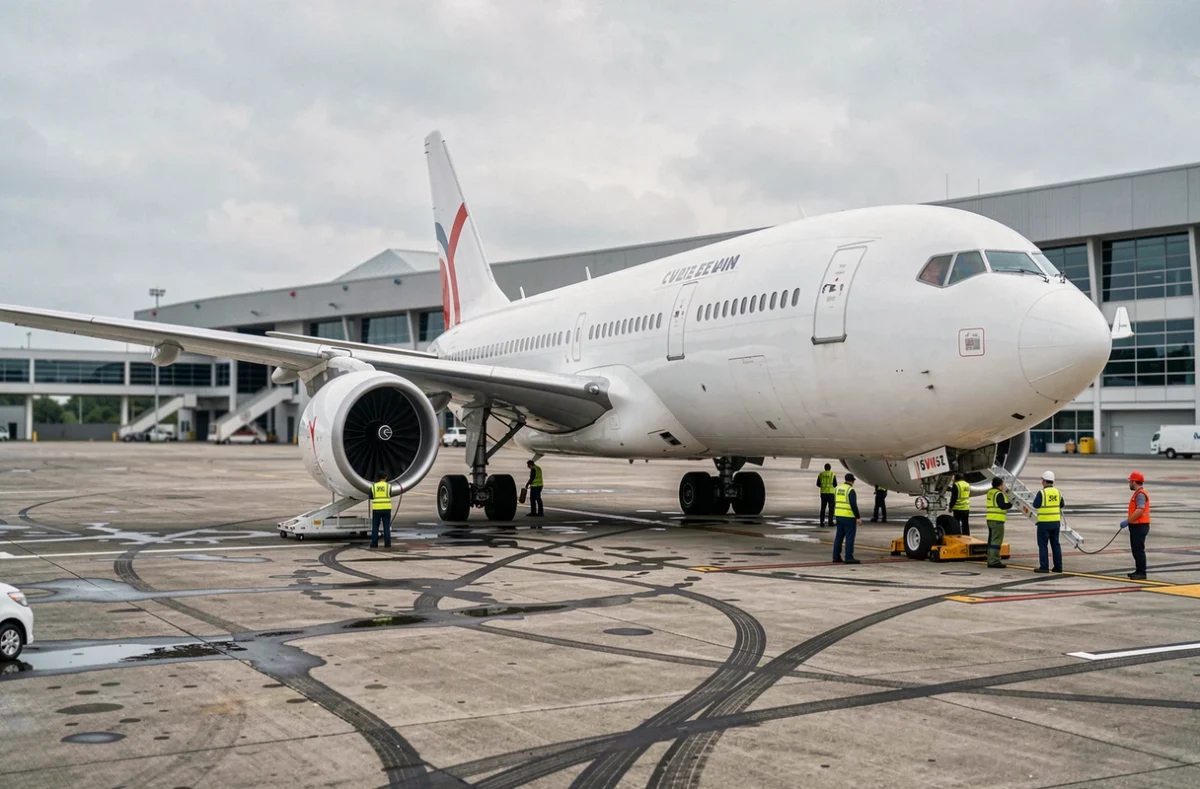 Avion gros-porteur sur le tarmac d'un aéroport avec équipes au sol effectuant les vérifications pré-vol