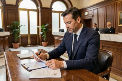 Conseiller bancaire en costume marine analysant des documents financiers dans une agence bancaire prestigieuse à Paris
