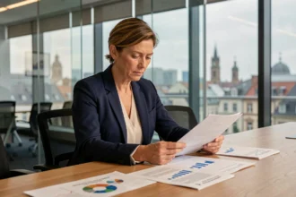 Économiste de la BCE analysant des rapports financiers dans une salle de réunion moderne avec vue sur une ville européenne