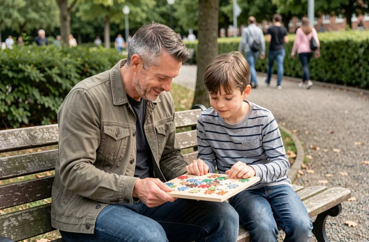 Beau-père et enfant construisant une relation de confiance en jouant ensemble dans un parc, illustration du lien parental en famille recomposée