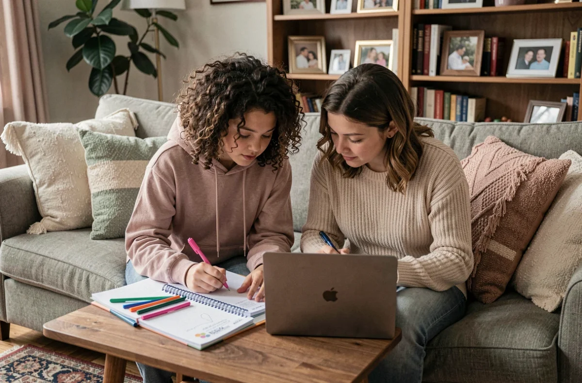 Belle-mère et belle-fille adolescente collaborant sur un projet scolaire dans un salon chaleureux et décoré