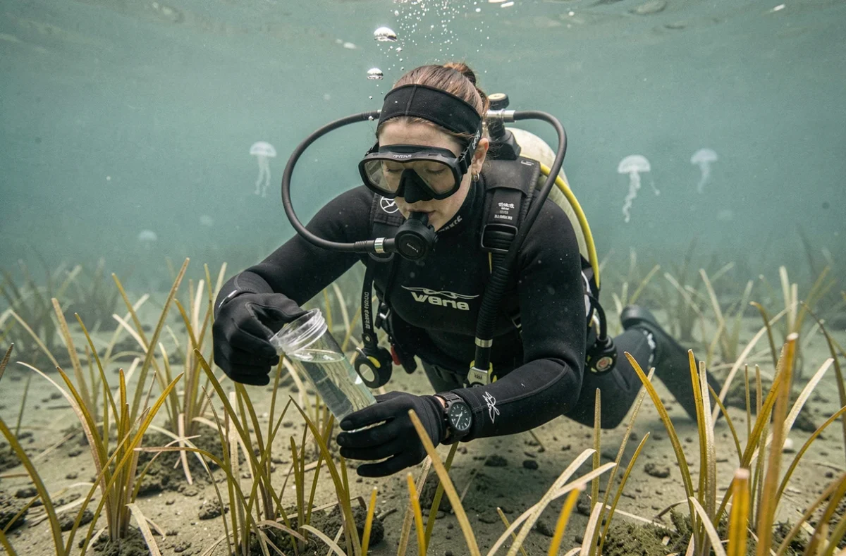 Biologiste marine collectant des échantillons d'eau au-dessus d'une prairie de posidonies dégradée par le changement climatique