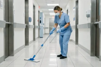 Agente de bionettoyage appliquant la méthode de lavage séquentiel dans un couloir hospitalier avec une serpillière microfibre