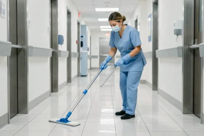Agente de bionettoyage appliquant la méthode de lavage séquentiel dans un couloir hospitalier avec une serpillière microfibre