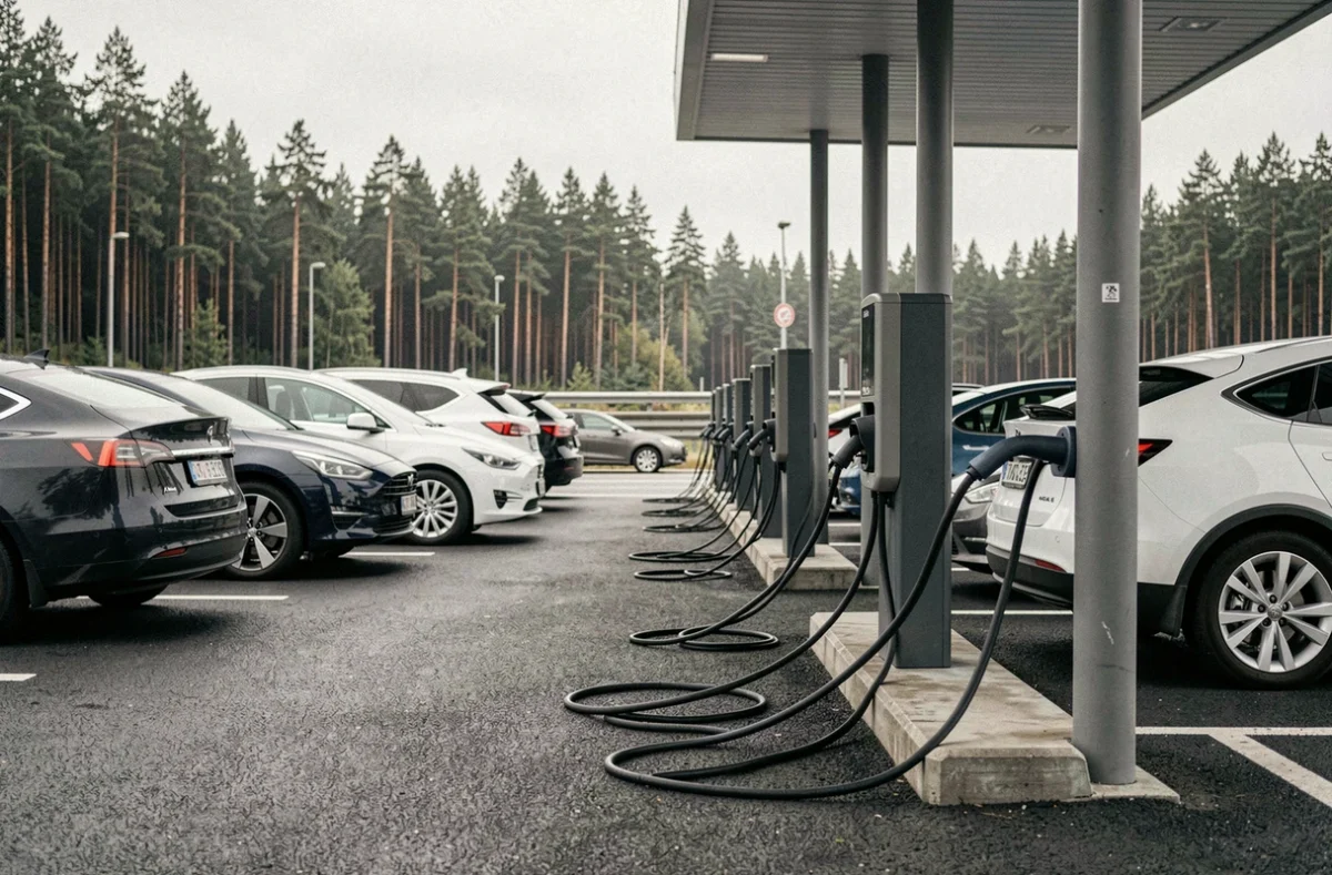 Rangée de bornes de recharge pour voitures électriques dans une aire d'autoroute entourée de forêt