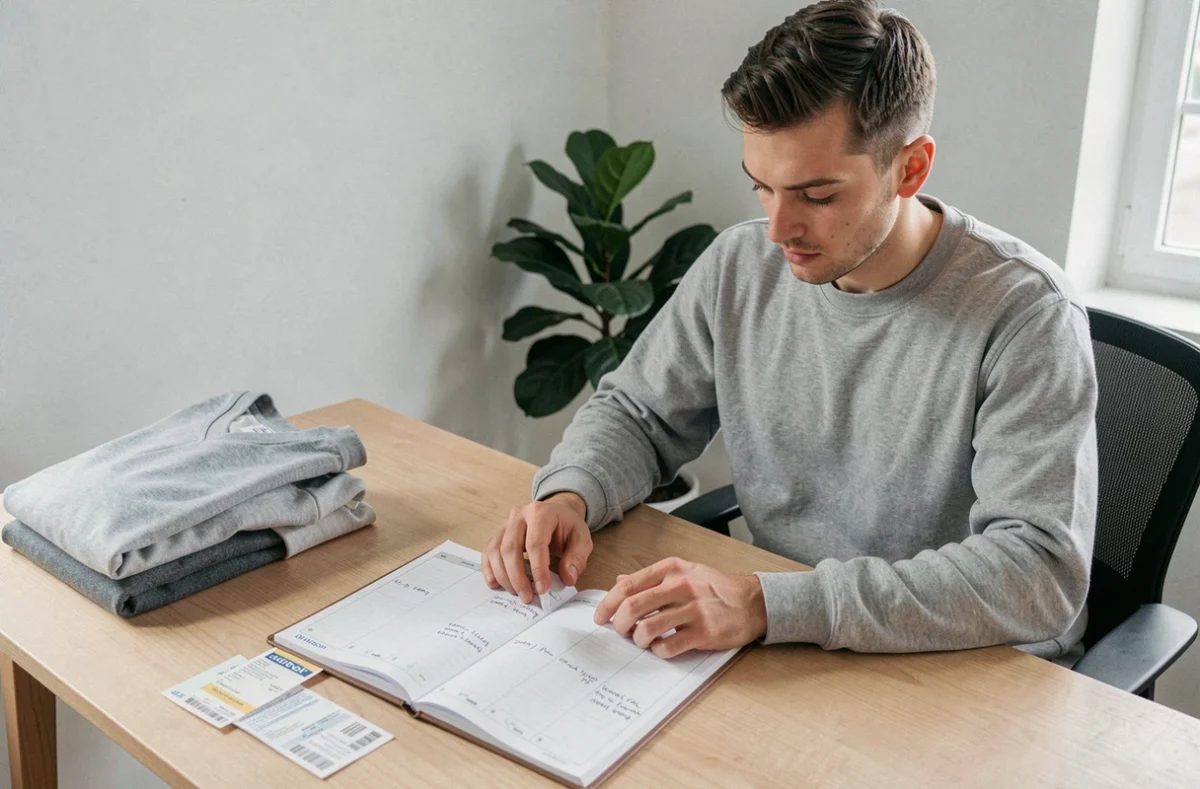 Homme planifiant son budget vestimentaire mensuel avec un carnet de comptes et des vêtements pliés sur un bureau, concept de gestion financière de la garde-robe