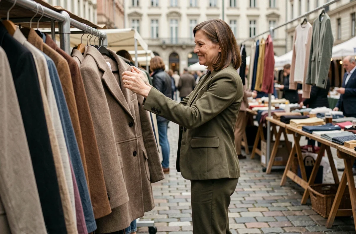 Femme inspectant un manteau en laine dans un marché aux puces en plein air, illustrant les achats de seconde main comme solution pour un budget vêtements raisonnable