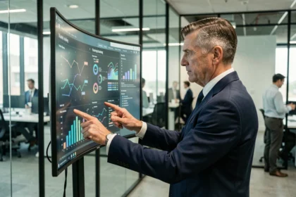 Cadre d'entreprise analysant des données blockchain sur un écran incurvé dans un bureau moderne