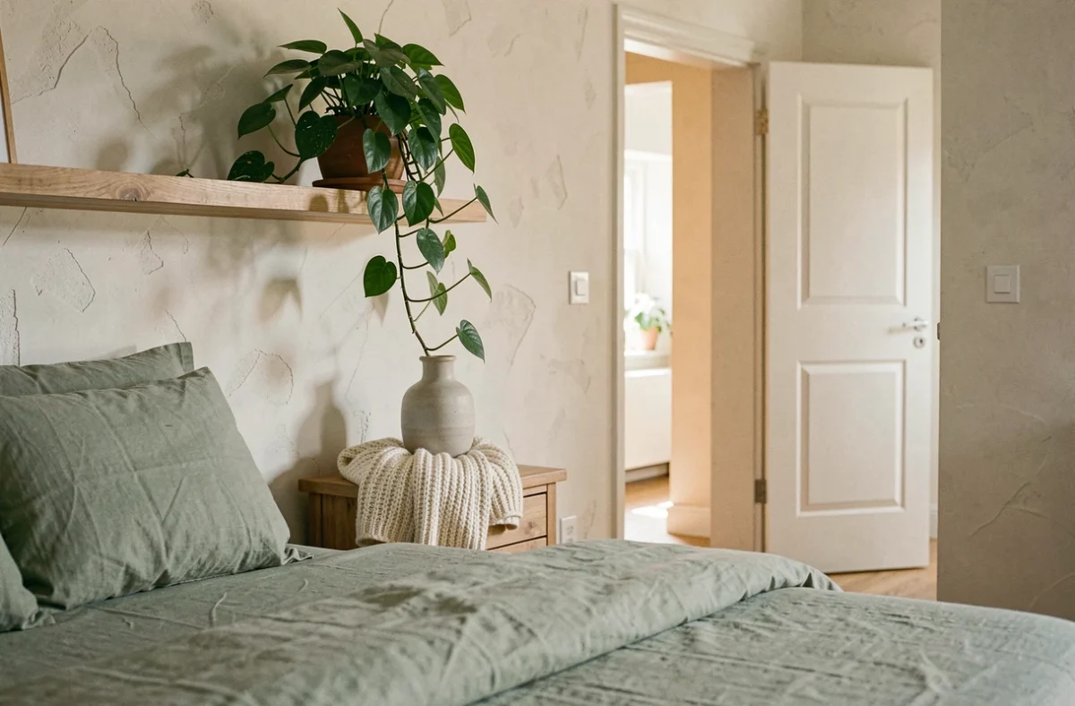Coin chambre serein avec literie en lin vert sauge, plante verte et table de chevet en bois pour une atmosphère reposante