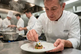 Chef étoilé déposant une fleur comestible sur un plat gastronomique raffiné dans une cuisine professionnelle