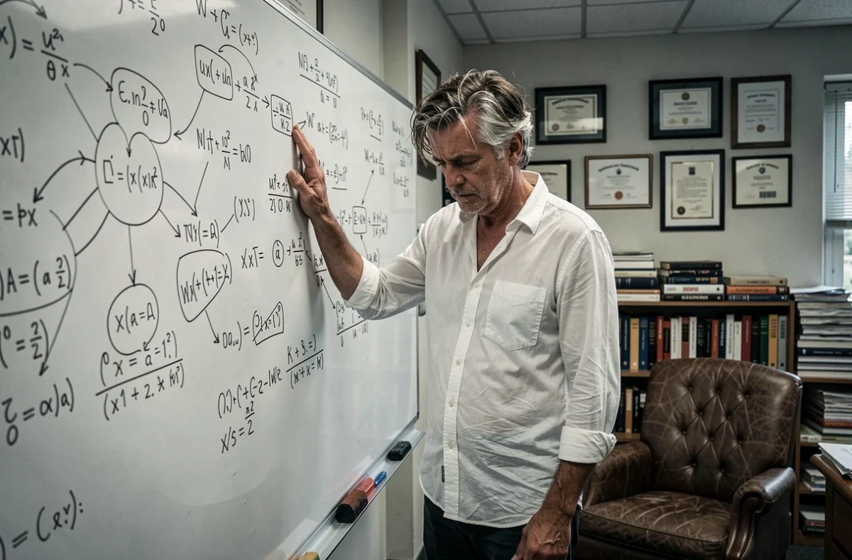 Chercheur épuisé devant un tableau blanc rempli d'équations, symbolisant la corrélation entre haute intelligence et état dépressif