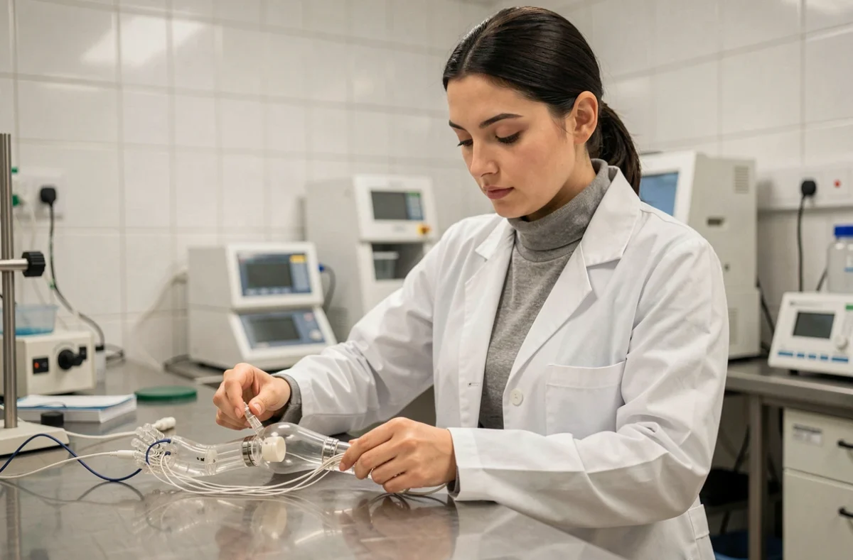 Chercheuse en biomédecine manipulant un bras robotique prothétique dans un laboratoire de haute technologie