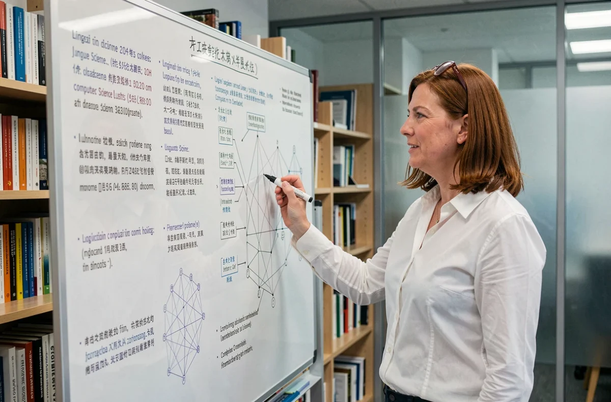 Chercheuse en linguistique computationnelle présentant des diagrammes de réseaux de neurones dans un laboratoire de traduction automatique