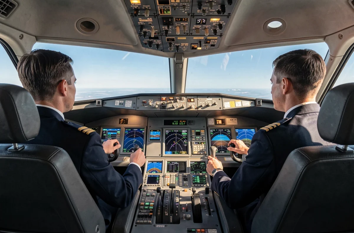 Cockpit d'avion commercial avec deux pilotes en uniforme aux commandes, panorama du ciel en arrière-plan