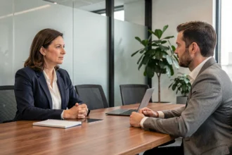 Une commerciale en blazer marine discute calmement avec un client autour d'une table de réunion en bois dans un bureau moderne