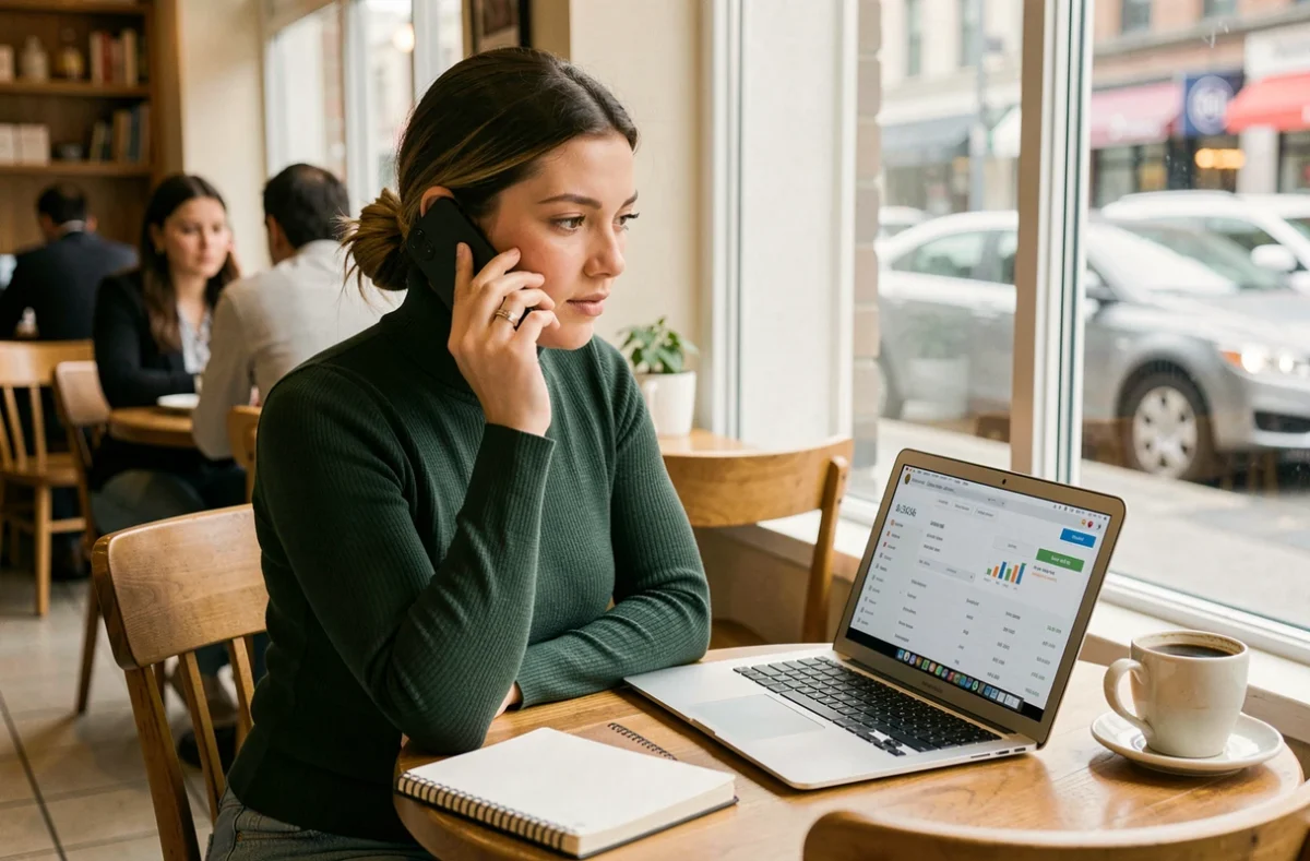 Une jeune commerciale gère une objection tarifaire par téléphone depuis un café urbain avec son ordinateur ouvert