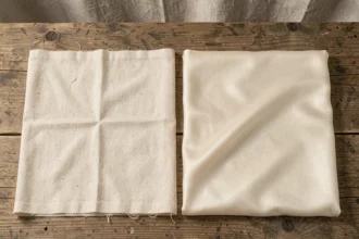 Comparaison de deux échantillons de tissu côte à côte : coton naturel et viscose sur une table en bois, vue du dessus
