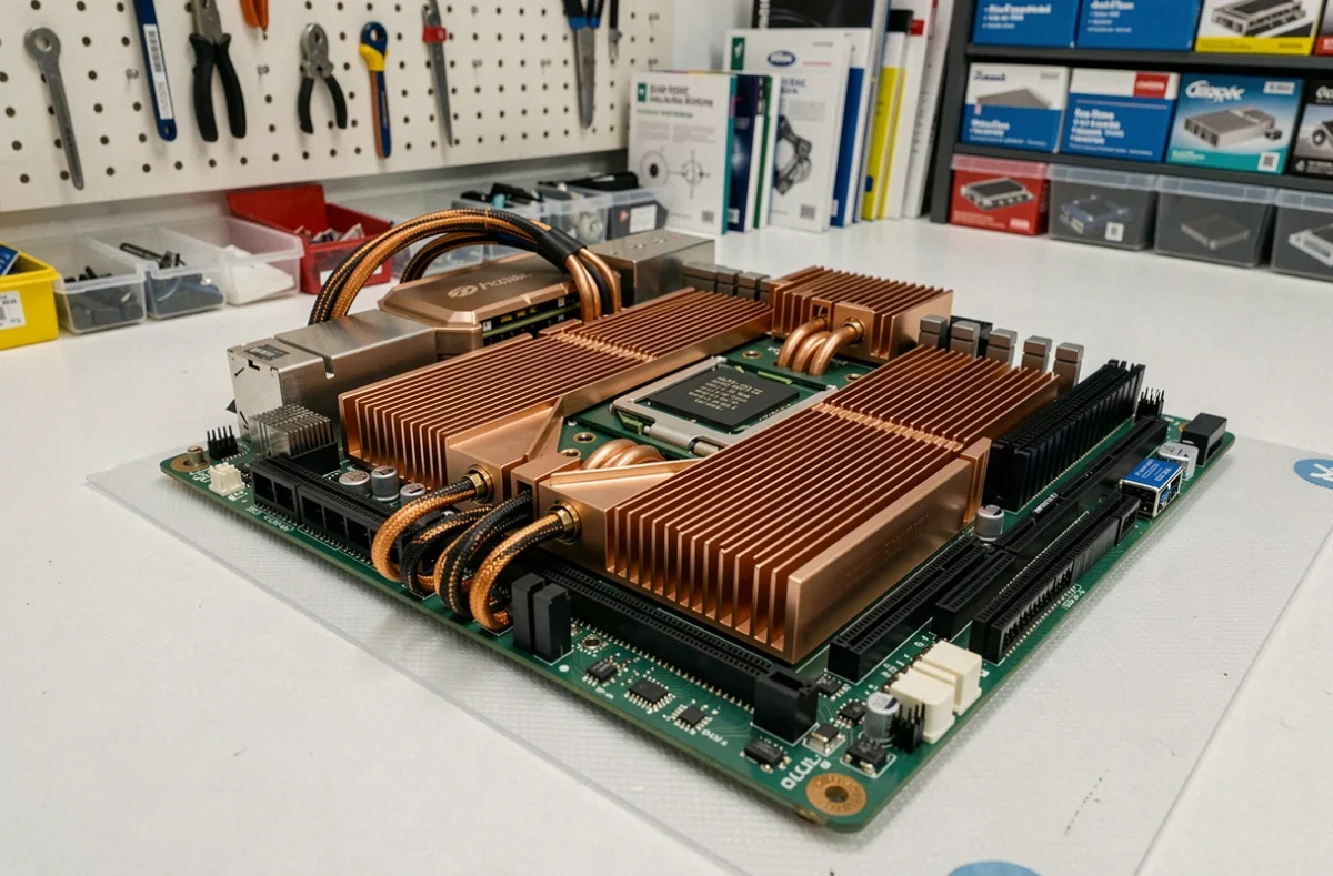 Gros plan macro sur un processeur haute performance et une carte mère de pointe représentant la puissance informatique en 2026