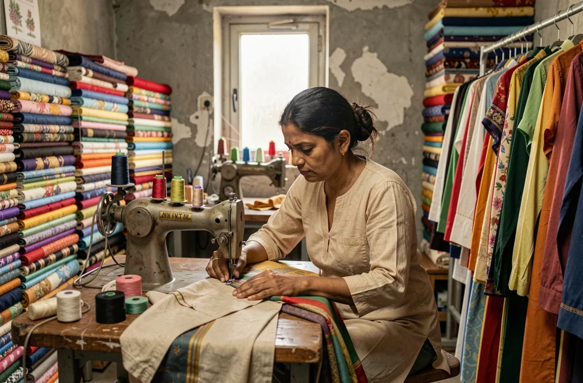 Ouvrière de l'industrie textile cousant dans un atelier encombré, illustrant les conditions de travail liées à la fast fashion