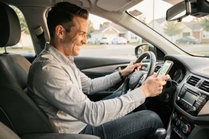 Conducteur de covoiturage souriant au volant de sa voiture avec une application de navigation sur smartphone