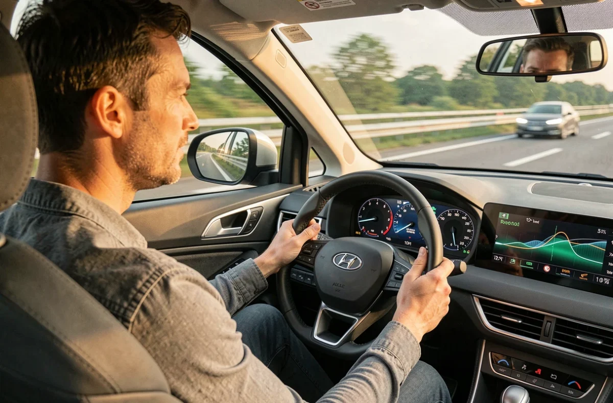 Conducteur dans une voiture hybride sur autoroute regardant le tableau de bord avec consommation optimisée