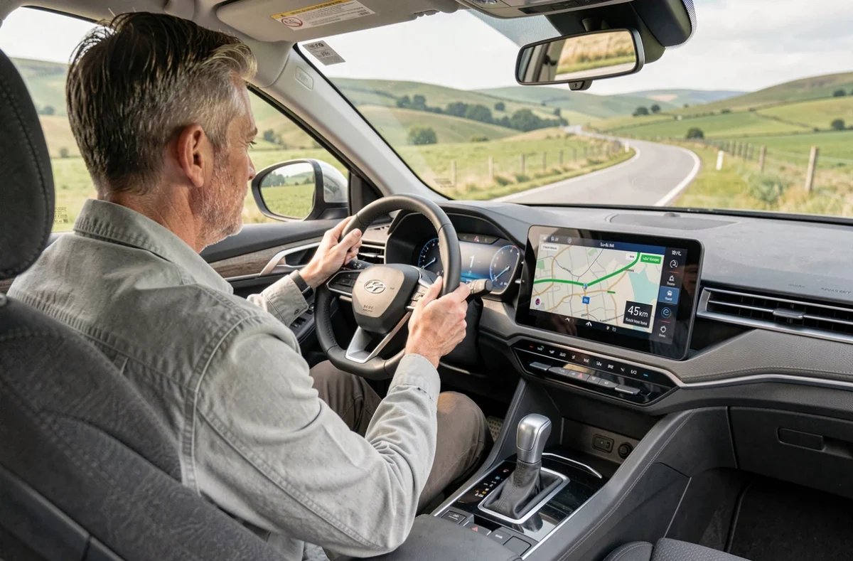Conducteur d'un SUV hybride consultant l'autonomie électrique sur l'écran de navigation lors d'un trajet sur route de campagne