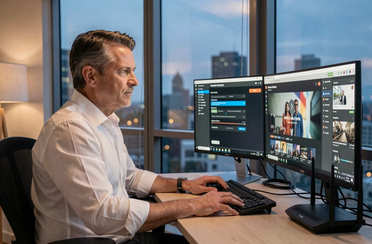Homme configurant un VPN sur plusieurs écrans pour éviter la détection lors du streaming Netflix