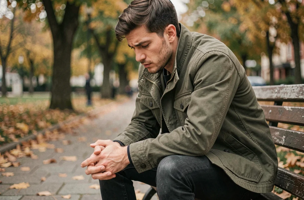 Homme seul sur un banc de parc avec une expression introspective, symbolisant un conflit intérieur ou une prise de décision difficile
