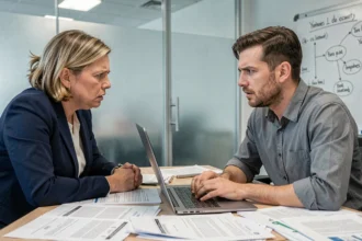 Deux collègues en désaccord lors d'une réunion de bureau, illustrant un conflit professionnel interpersonnel